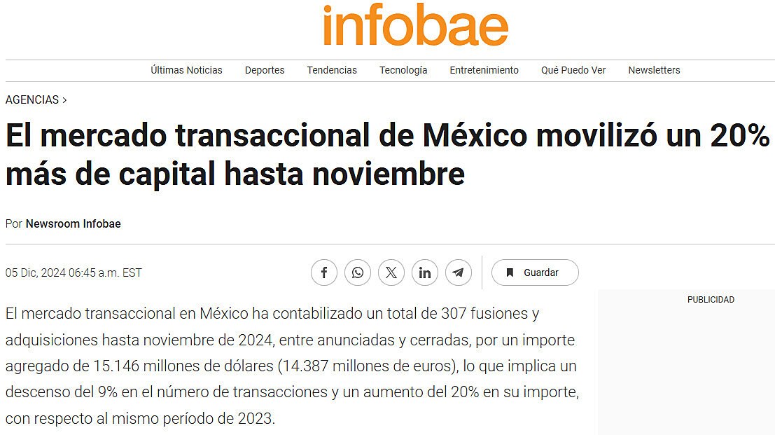 El mercado transaccional de Mxico moviliz un 20% ms de capital hasta noviembre